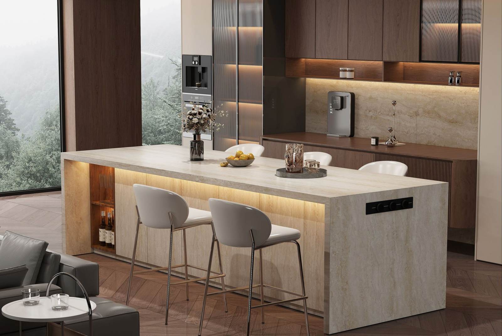 Kitchen with oak island over a dark wood floor